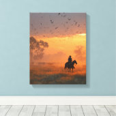Cowboy Riding Into Fiery Sunset Art Leinwanddruck (Insitu (Holzboden))