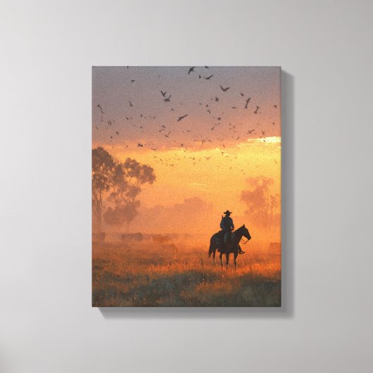 Cowboy Riding Into Fiery Sunset Art Leinwanddruck (Vorderseite)