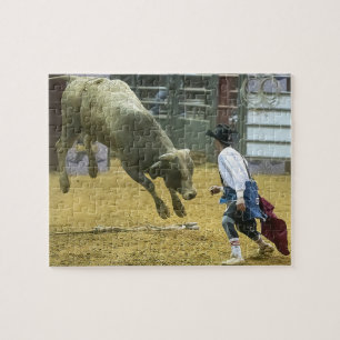 Cowboy-Rodeo-Clown schützt vor Stier Western-Sport Puzzle