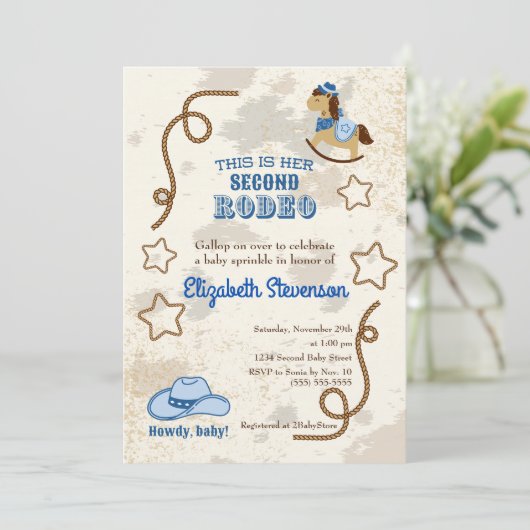 Cowboy Rodeo Howdy Second Baby Dusche Sprinkle Einladung (Stehend Vorderseite)