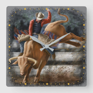 Cowboy-Rodeo-Reiter Bucking Bull Western-Thema Quadratische Wanduhr