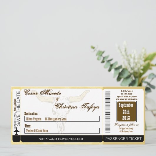 Cowboy Rodeo Stee Boarding Pass Einladung Hochzeit (Stehend Vorderseite)