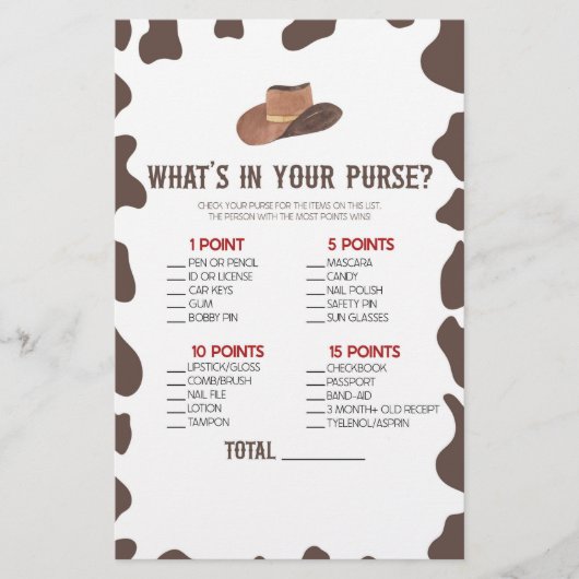 Cowboy Rodeo Was ist in Purse Baby Shower Game Briefpapier (Vorderseite)