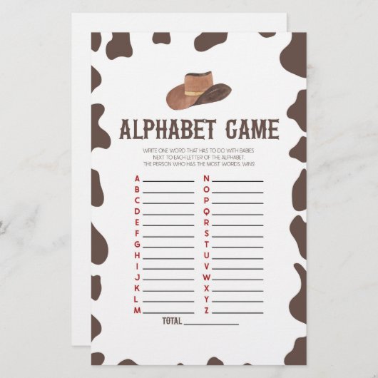 Cowboy Rodeo Western Alphabet Baby Showspiel Briefpapier (Vorne/Hinten)