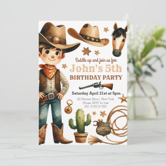 Cowboy Rodeo Western Boy Birthday Einladung (Stehend Vorderseite)