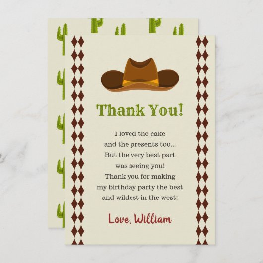 Cowboy Rodeo Wild West Kids Boys Birthday Party Dankeskarte (Vorne/Hinten)