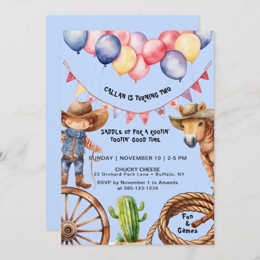 Cowboy Rootin'Rootin' Time Birthday Einladung (Vorne/Hinten)