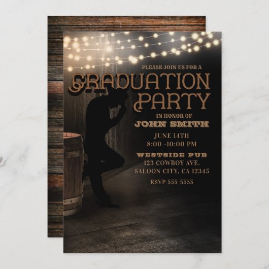 Cowboy Rustic Country Saloon Pub Graduierungsparty Einladung (Vorne/Hinten)