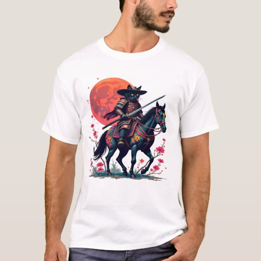 Cowboy Samurai Black Cat Pferd Einzigartige Gesche T-Shirt (Vorderseite)