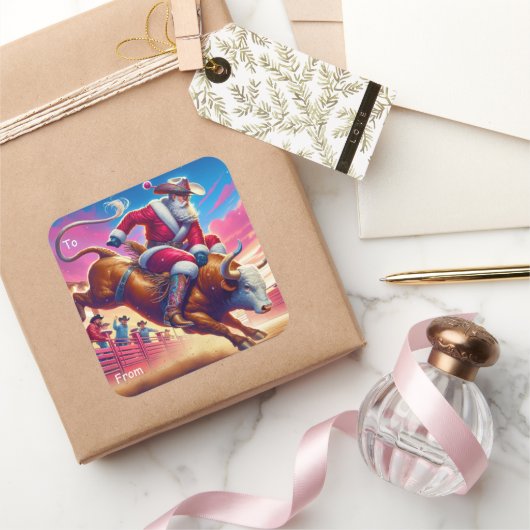 Cowboy Santa Bull Riding Geschenksticker Quadratischer Aufkleber (Schenken)