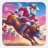 Cowboy Santa Bull Riding Geschenksticker Quadratischer Aufkleber (Vorderseite)