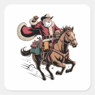 Cowboy Santa Claus Reiten Ein Pferd Weihnachten Quadratischer Aufkleber
