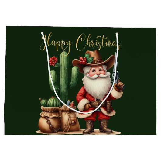 Cowboy Santa Happy Christmas Desert Cactus Pistol Große Geschenktüte (Rückseite)