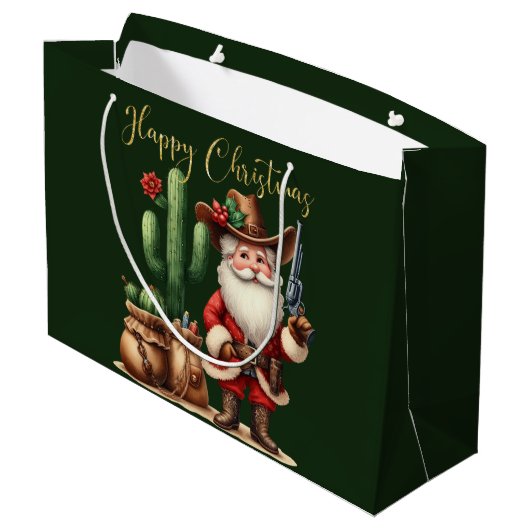 Cowboy Santa Happy Christmas Desert Cactus Pistol Große Geschenktüte (Rückseite Schrägansicht)