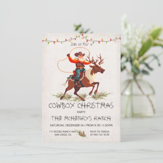 Cowboy Santa Reindeer Weihnachts-Party Einladung (Stehend Vorderseite)