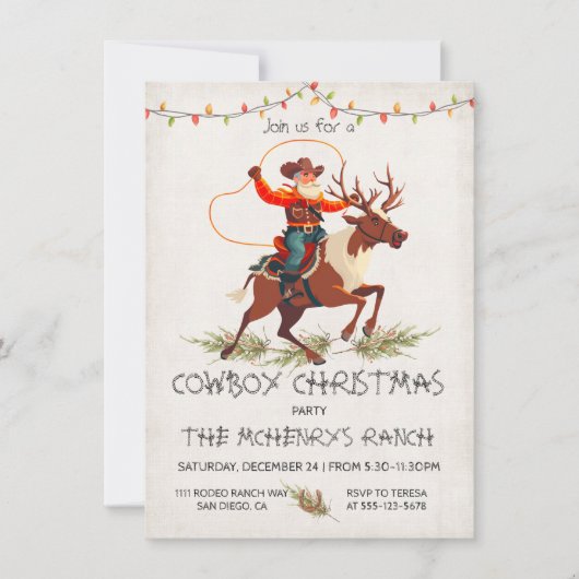 Cowboy Santa Reindeer Weihnachts-Party Einladung (Vorderseite)