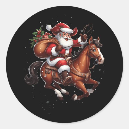 Cowboy Santa Riding Ein Pferd Weihnachten Funny We Runder Aufkleber (Vorderseite)