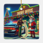 Cowboy Santa und Sheriff schauen auf die schmutzig Keramikornament (Rückseite)