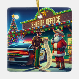Cowboy Santa und Sheriff schauen auf die schmutzig Keramikornament