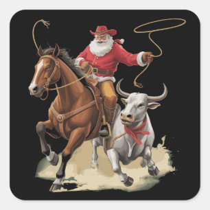 Cowboy-Santa-Western-Roping-Weihnachten-Vintage Quadratischer Aufkleber