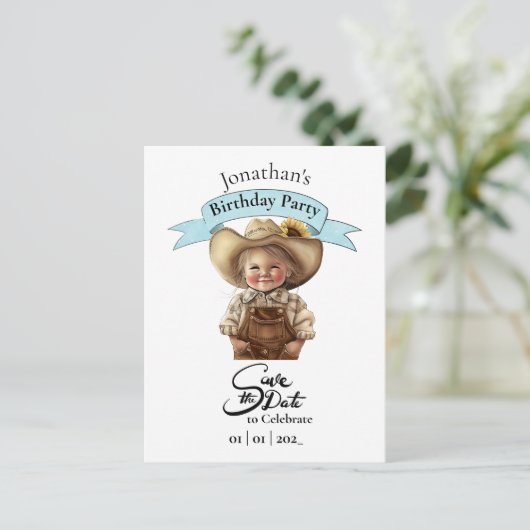 Cowboy Save the Date Happy Birthday Boy Postcard Postkarte (Stehend Vorderseite)