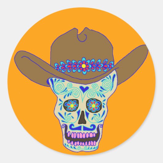 Cowboy-Schädel, Dia de los Muertos Runder Aufkleber (Vorderseite)