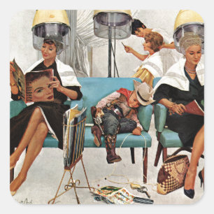 Cowboy schlafend im Schönheits-Salon Quadratischer Aufkleber