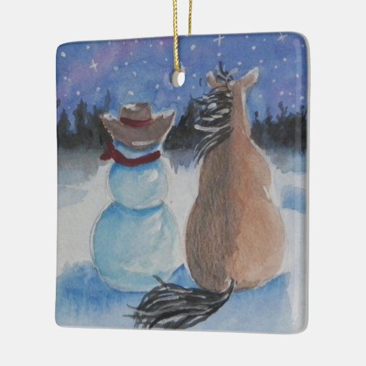 Cowboy-Schneemann mit Pferdeweihnachtsfeiertag Keramikornament (Links)