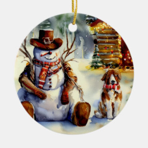 Cowboy-Schneemann-Weihnachtsbaumanhänger Keramik Ornament
