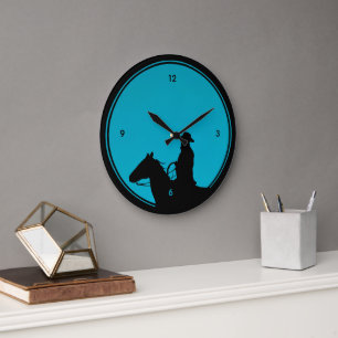 Cowboy-Silhouette auf Türkis Große Wanduhr