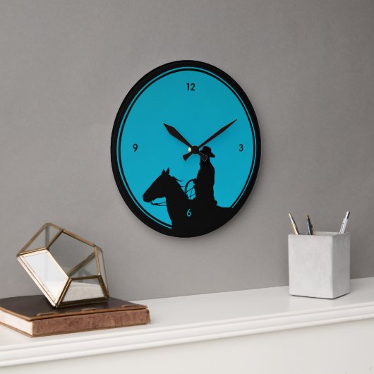 Cowboy Silhouette on Turquoise Große Wanduhr (Büro)