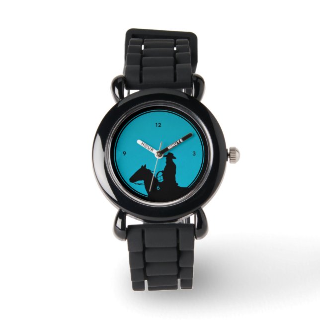 Cowboy Silhouette on Turquoise Watch Armbanduhr (Vorderseite)