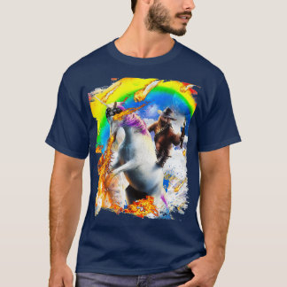 Cowboy Sloth on Rainbow Fire Unicorn T-Shirt