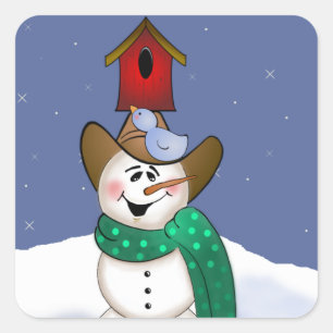 Cowboy Snowman mit Birdhouse Quadratischer Aufkleber