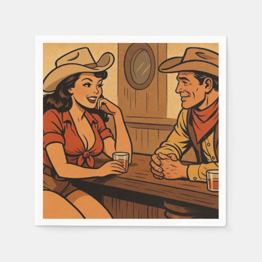 Cowboy spricht mit Cowgirl im Salon Bar Serviette (Vorderseite)