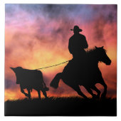 Cowboy Steer Roping in Sunset Fliese (Vorderseite)