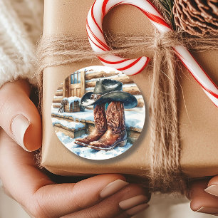 Cowboy Stiefel auf der Vorderseite an einem Winter Runder Aufkleber