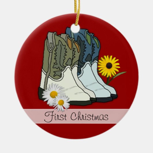 Cowboy Stiefel, Erste Weihnachtsdekoration Keramik Ornament (Vorne)