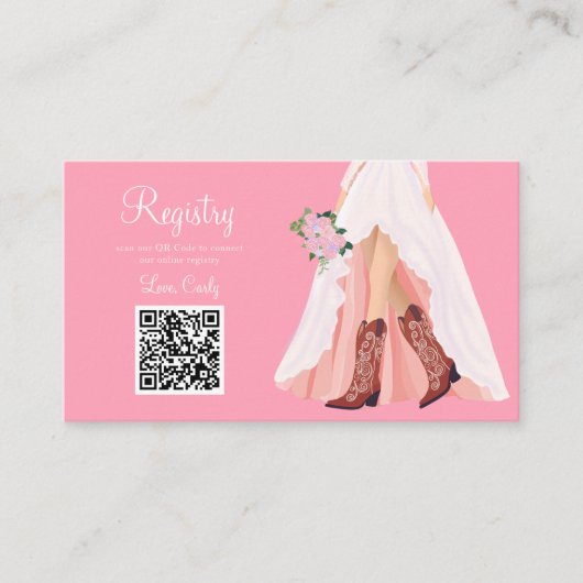 Cowboy Stiefel & Hochzeitskleid QR Code Brautparty Begleitkarte (Vorderseite)