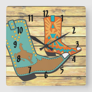 Cowboy Stiefel in Orange und Blue Quadratische Wanduhr