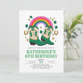 Cowboy Stiefel mit Regenbogen und Kleeblättern Geb Einladung (Stehend Vorderseite)