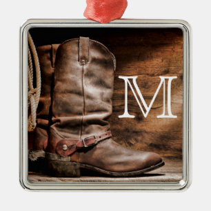 Cowboy-Stiefel Spornanzahl Monogramm Initial Ornam Silbernes Ornament