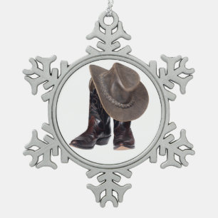Cowboy-Stiefel und Hut Schneeflocken Zinn-Ornament