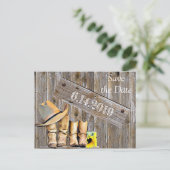 Cowboy Stiefel und Sonnenblumen Rettete DateWeddin Postkarte (Stehend Vorderseite)