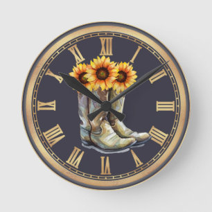 Cowboy-Stiefel und Sonnenblumen Runde Wanduhr