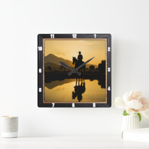 Cowboy Sunset Horseback Reflection Quadratische Wanduhr