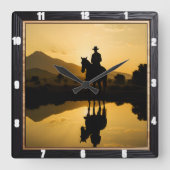 Cowboy Sunset Horseback Reflection Quadratische Wanduhr (Vorderseite)
