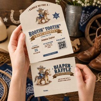 Cowboy Teddy Bär Baby Shower QR Windel Raffle All In One Einladung