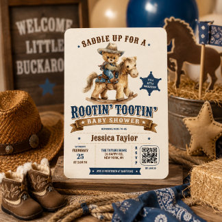 Cowboy Teddy Bär Western QR RSVP  Baby Shower  Einladung