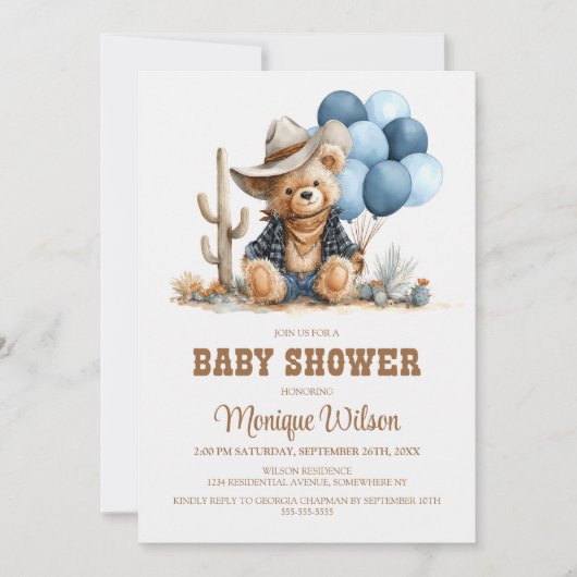 Cowboy Teddy Bear Baby Shower Invitation Einladung (Vorderseite)